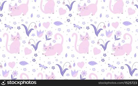 Cute cats seamless pattern. Kittens endless background, repeating texture. Vector illustration.. Cute cats seamless pattern. Kittens endless background, repeating texture. Vector illustration