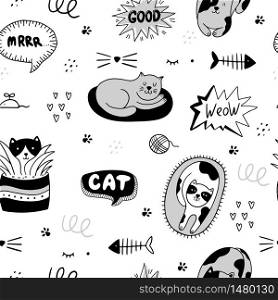 Cute cats seamless pattern. Vector illustration with cats, paws, fish, speech bubbles, phrases on a gray background. It can be used for textile, wallpaper, wrapping