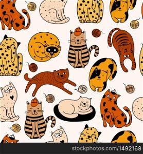 Cute cats seamless pattern. Vector illustration with colorful cats on a white background. It can be used for textile, wallpaper, wrapping