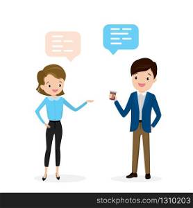 Cute caucasian male and female talking,business team communicates, isolated on white background,flat vector illustration