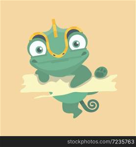 Cute chameleon on pastel background.