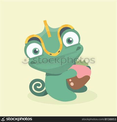 Cute chameleon with dessert cartoon. 