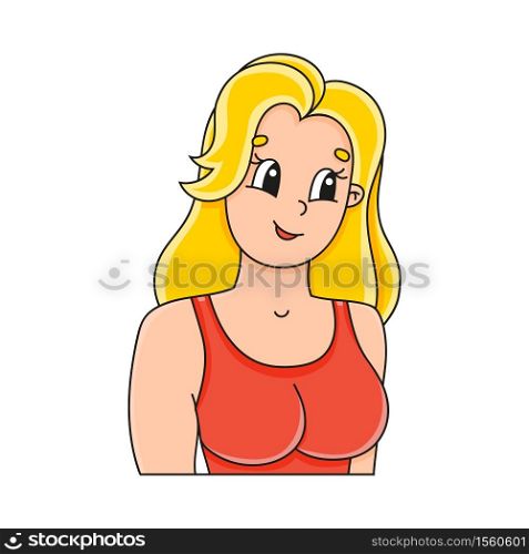 Cute character. Beautiful smiling young woman. Colorful vector illustration. Cartoon style. Isolated on white background. Design element.