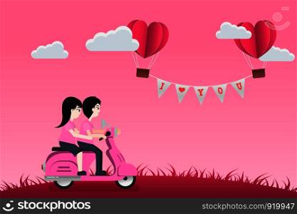 Cute Character Cartoon and Paper Style love of valentine day , balloon flying over couple with heart float on the sky, couple bike motorcycle travel honeymoon with copy space , vector