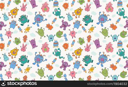 Cute character cartoon baby alien. Vector seamless pattern. Amusing baby beast. Bizarre and funny monster. Fantasy creatures.Funny colorful and hand drawn abominable beasts