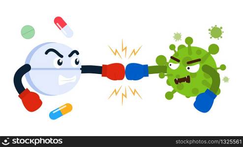 Cute Character cartoon pill wearing boxing gloves fight with virus - Vector illustration