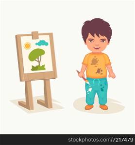 Cute character children painting drawing and playing, Cartoon kids with painting canvas, artist boy, vector illustration