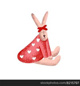 Cute character girl rabbit in red dress. Vector illustration isolated on white background. Cute bunny girl in red dress. Vector illustration on white background