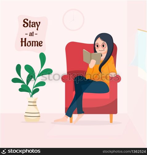 Cute character illustration sitting reading a book on the sofa , Concept staying at home or working at home to protect yourself from coronavirus , vector