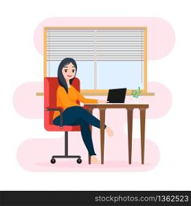 Cute character illustration sitting working with laptop , Concept staying at home or work at home to protect yourself from coronavirus , vector