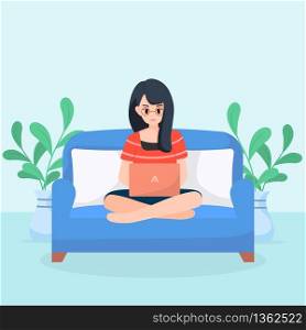 Cute character illustration sitting working with laptop on the sofa , Concept staying at home or work at home to protect yourself from coronavirus , vector