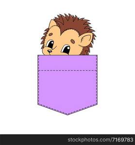 Cute character in shirt pocket. Colorful vector illustration. Cartoon style. Hedgehog animal. Isolated on white background. Design element. Template for your shirts, stickers.