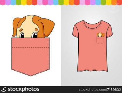 Cute character in shirt pocket. Dog animal. Colorful vector illustration. Cartoon style. Isolated on white background. Design element.