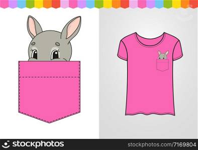 Cute character in shirt pocket. Rabbit bunny animal. Colorful vector illustration. Cartoon style. Isolated on white background. Design element.