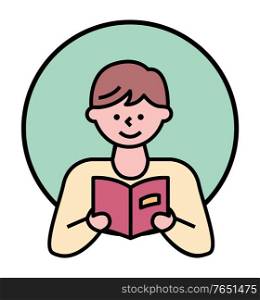 Cute character reading book holding published pages in hardcover. Boy preparing for school or university. Handsome kid wearing casual clothes. Icon in minimal outline style, vector illustration. Cute Boy Reading Book, Male Character Portrait