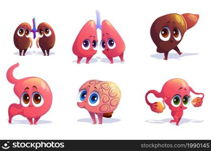 Cute characters of human internal organs isolated on white background. Vector set of cartoon funny brain, liver, kidneys, lungs, uterus with ovaries and stomach. Cute characters of human internal organs