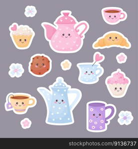 Cute characters stickers cup, teapots, croissant, muffin and cookies. Vector illustration. Isolated funny cartoon food and dishes for kids collection, design, decor, decoration and cards