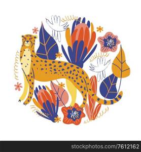 Cute Cheetah is among the exotic flowers.Vector illustration of a round shape on a white background.. Round shape flower arrangement and cute Cheetah. Vector illustration on a white background.