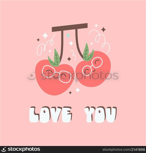 Cute cherries and lettering composition for Valentine&rsquo;s Day card. Berries in love and calligraphy love phrase for February 14th. Flat vector illustration isolated on pink background.. Cute cherries and lettering composition for Valentine&rsquo;s Day card. Berries in love and calligraphy love phrase for February 14th. Flat vector illustration isolated on pink background