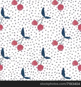 Cute cherries wallpaper on dots background. Cherry seamless pattern for fabric design.Design for textile print, wrapping paper, kitchen textiles, cover. Simple vector illustration. Cute cherries wallpaper on dots background. Cherry seamless pattern for fabric design.