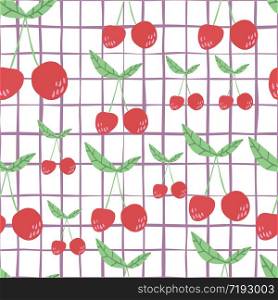 Cute cherry seamless pattern for fabric design. Cherries wallpaper on stripes background. Design for fabric, textile print, wrapping paper, kitchen textiles, cover. Simple vector illustration. Cute cherry seamless pattern for fabric design. Cherries wallpaper on stripes background.