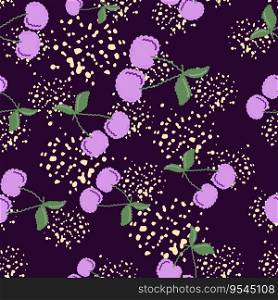 Cute cherry seamless pattern. Hand drawn cherries wallpaper. Design for fabric, textile print, wrapping paper, kitchen textiles, cover. Simple vector illustration. Cute cherry seamless pattern. Hand drawn cherries wallpaper.