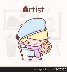 Cute chibi kawaii characters. Alphabet professions. Letter A - Artist. Flat style