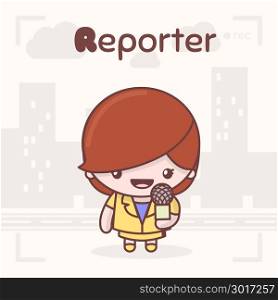 Cute chibi kawaii characters. Alphabet professions. Letter R - Reporter. Flat style