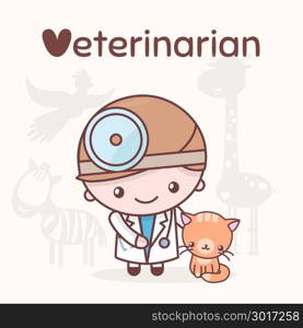 Cute chibi kawaii characters. Alphabet professions. Letter V - Veterinarian. Flat style