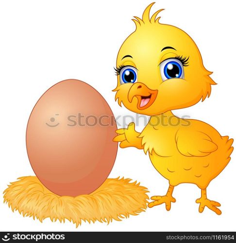 Cute chick cartoon with eggs in a nest