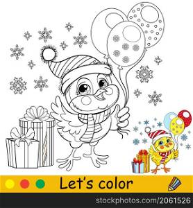 Cute chicken with balloons and presents. Cartoon chicken character. Vector isolated illustration. Coloring book with colored exemple. For card, poster, design, stickers, decor,kids apparel. Coloring cute Christmas chicken with balloons vector illustration