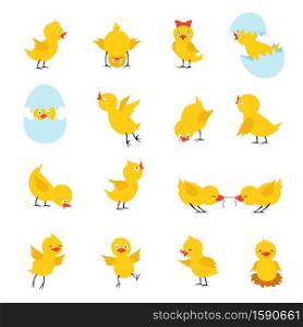 Cute chicks. Cartoon easter baby chickens with eggs. Funny yellow chick vector isolated characters. Illustration of chicken easter, little baby bird in eggshell. Cute chicks. Cartoon easter baby chickens with eggs. Funny yellow chick vector isolated characters