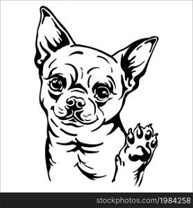 Cute chihuahua dog black contour portrait. Dog head in front view vector illustration isolated on white. For decor, design, print, poster, postcard, sticker, t-shirt, cricut, tattoo and embroidery. Chihuahua dog vector black contour portrait vector