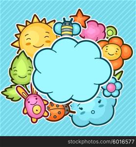 Cute child background with kawaii doodles. Spring collection of cheerful cartoon characters sun, cloud, flower, leaf, beetles and decorative objects.