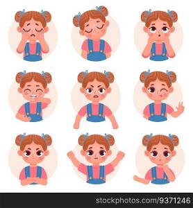 Cute child girl avatar facial emotions and feelings. Little kid face emoji with angry, sad, happy, shock and question expression vector set. Illustration child emotion face avatar, facial expression. Cute child girl avatar facial emotions and feelings. Little kid face emoji with angry, sad, happy, shock and question expression vector set