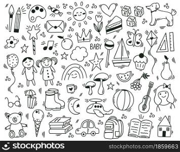 Cute childish kindergarten hand drawn doodle elements. Funny hand drawn children learn and play vector symbols set. Doodle baby icons. Illustration of kindergarten and preschool, kid drawing doodle. Cute childish kindergarten hand drawn doodle elements. Funny hand drawn children learn and play vector symbols set. Doodle baby icons