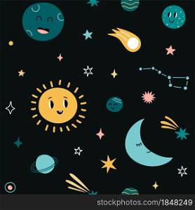 Cute childish pattern. Seamless baby print with Sun Moon stars clouds and planets. Vector illustration texture for kids t-shirts image space cosmic galaxy on black background. 2101.i010.n007.F.c6.1308103507.Cute childish pattern. Seamless baby print with Sun Moon stars clouds and planets. Vector texture for kids t-shirts
