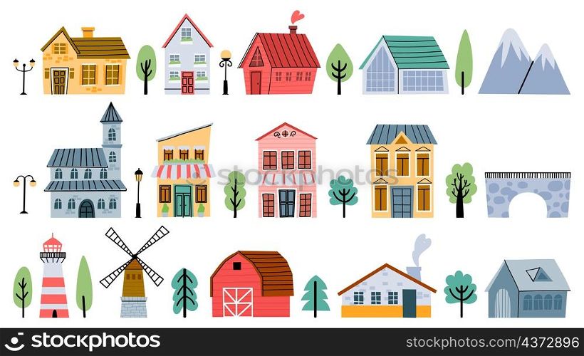 Cute childish town and village buildings, houses and cottages. Cartoon city architecture, bridge, windmill, farm and light house vector set. Illustration of town and village houses. Cute childish town and village buildings, houses and cottages. Cartoon city architecture, bridge, windmill, farm and light house vector set