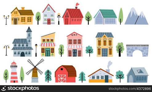 Cute childish town and village buildings, houses and cottages. Cartoon city architecture, bridge, windmill, farm and light house vector set. Illustration of town and village houses. Cute childish town and village buildings, houses and cottages. Cartoon city architecture, bridge, windmill, farm and light house vector set