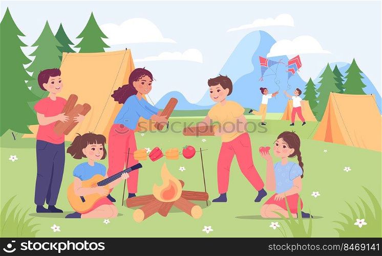 Cute children at summer c&in mountains. Happy boys and girls making friends, bringing wood for c&fire flat vector illustration. Environment, leisure, c&ing concept for banner or landing page
