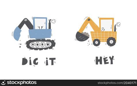 Cute children&rsquo;s set trucks and diggers in Scandinavian style on a white background. Building equipment. Funny construction transport.. Cute children&rsquo;s set trucks and diggers in Scandinavian style on a white background. Building equipment. Funny construction transport