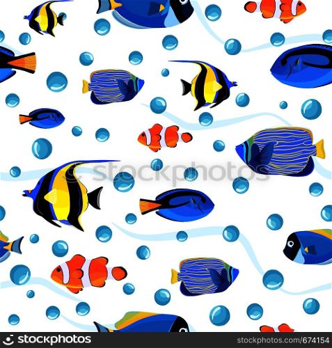 Cute children underwater background. Undersea fish seamless pattern with bubbles. Pattern of fish for textile fabric or book covers, wallpapers, design, graphic art, wrapping. Cute children underwater background. Undersea fish seamless pattern