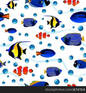 Cute children underwater background. Undersea fish seamless pattern with bubbles. Pattern of fish for textile fabric or book covers, wallpapers, design, graphic art, wrapping. Cute children underwater background. Undersea fish seamless pattern
