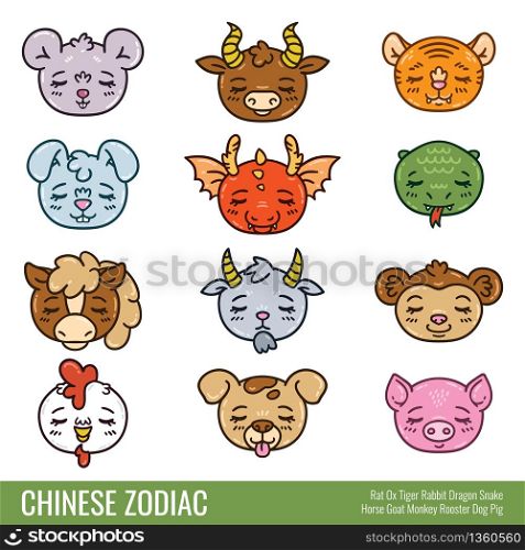 Cute chinese zodiac. Cute animals. Horoscope. Isolated objects on white background. Vector illustration.