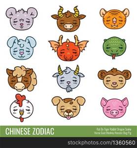 Cute chinese zodiac. Cute animals. Horoscope. Isolated objects on white background. Vector illustration.