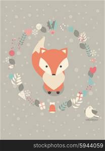 Cute Christmas baby fox surrounded with floral decoration, vector illustration