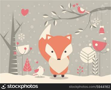 Cute Christmas baby fox surrounded with floral decoration, vector illustration