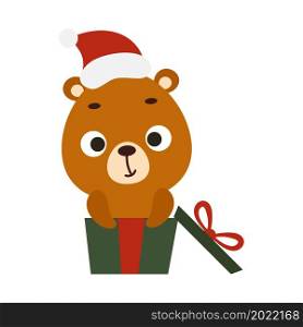 Cute Christmas bear sit in gift box on white background. Cartoon animal character for kids cards, baby shower, invitation, poster, t-shirt composition, house interior. Vector stock illustration.