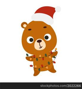 Cute Christmas bear with garland on white background. Cartoon animal character for kids cards, baby shower, invitation, poster, t-shirt composition, house interior. Vector stock illustration.