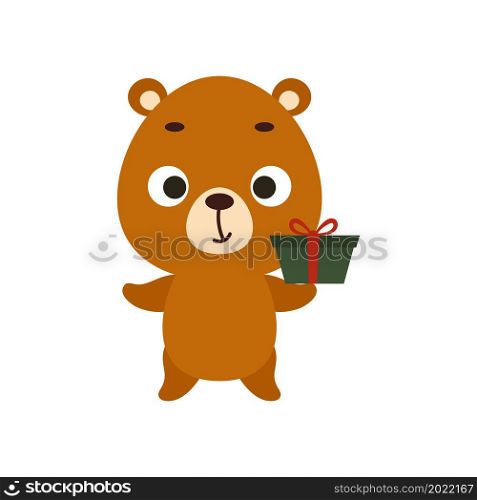 Cute Christmas bear with gift on white background. Cartoon animal character for kids cards, baby shower, invitation, poster, t-shirt composition, house interior. Vector stock illustration.